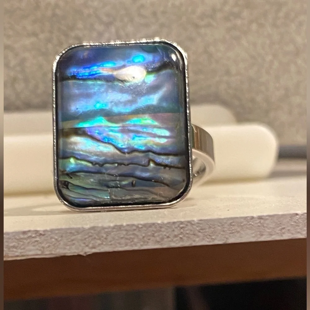 NEW Oversized Abalone Statement Ring Silver Boho Iridescent Shell Jewelry GIFT